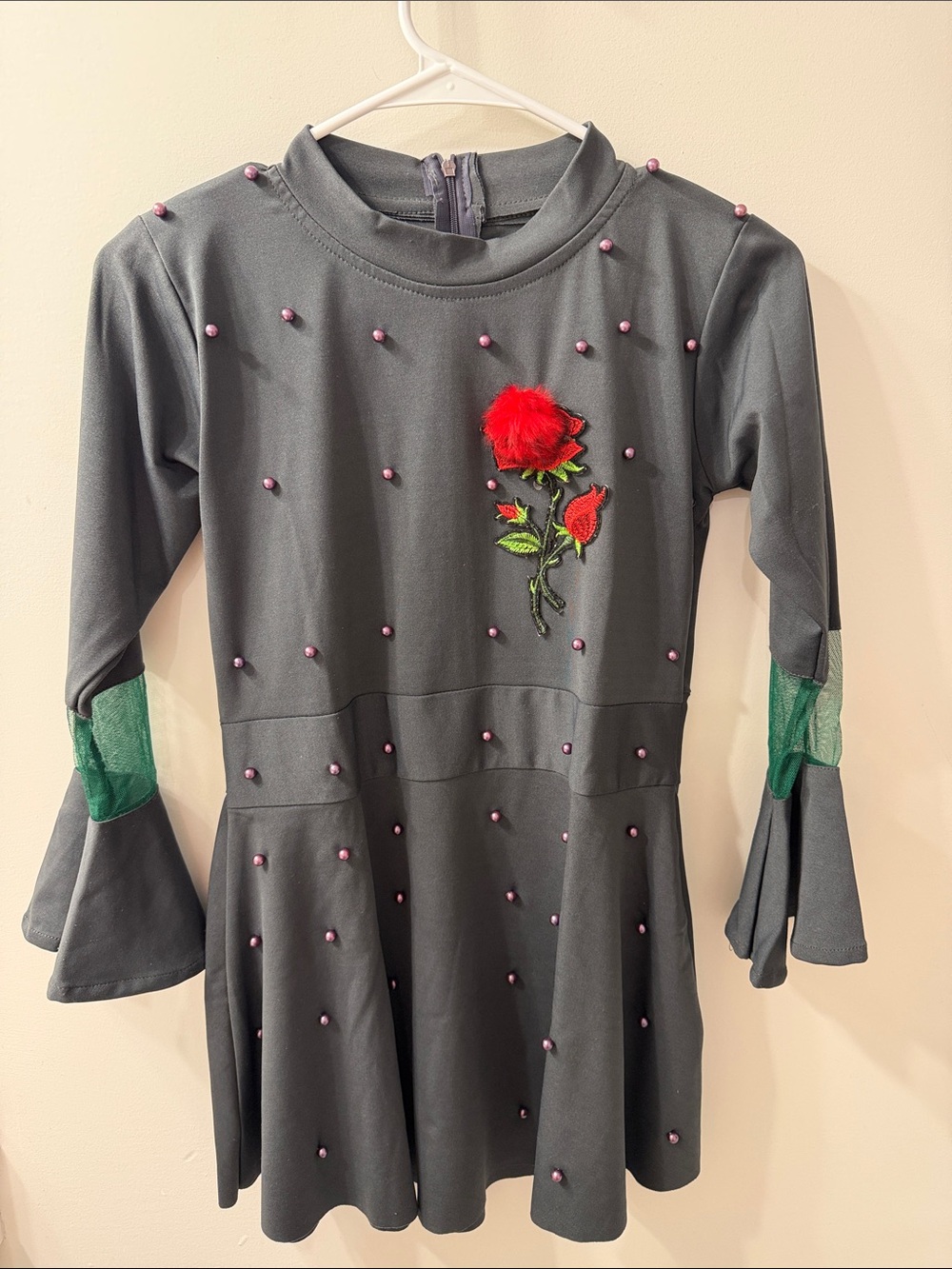 Girls Dark Gray Dress with Red Rose Applique and Pink Beads